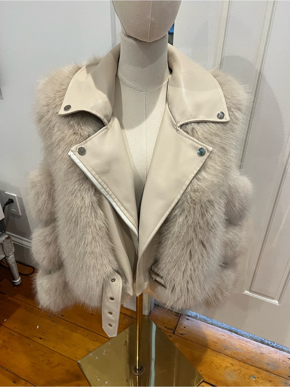 Alina Women's Cream Faux-Fur Trim Vegan Leather Biker Jacket